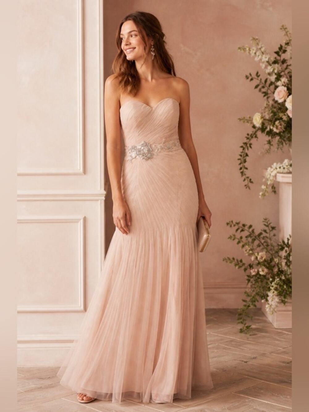 Watters & Watters Blush Tulle Strapless Gown Beaded Waist Formal Size 6
